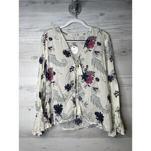 En Creme Blouse Womens Large Ivory Floral Boho Bell Sleeve 100% Rayon Top India